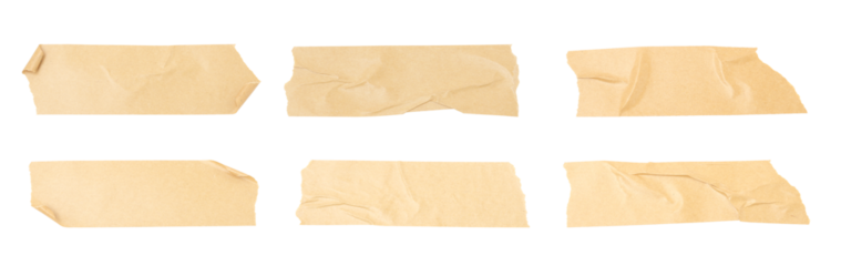 Set of brown adhesive torn tape isolated transparent PNG background, Brown adhesive paper tape isolated on white background.