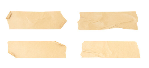 Set of brown adhesive torn tape isolated transparent PNG background, Brown adhesive paper tape isolated on white background.