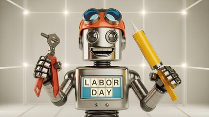 Friendly robot with goggles and hard hat holding tools, celebrating labor day
