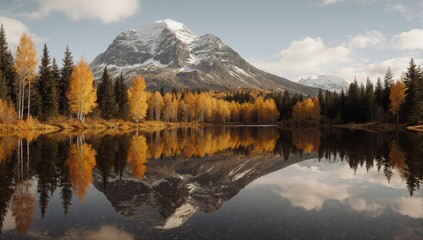 Majestic mountain reflection in autumnal forest lake landscape