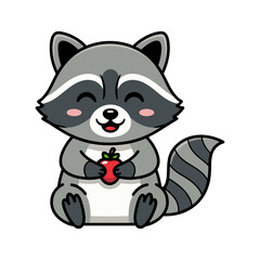Cute cartoon raccoon sitting happily with eyes closed, holding a red apple, gray fur with black-white markings, thick outline, white background.