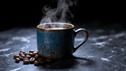 Aromatic blue ceramic mug with steaming hot beverage and roasted beans on marble surface