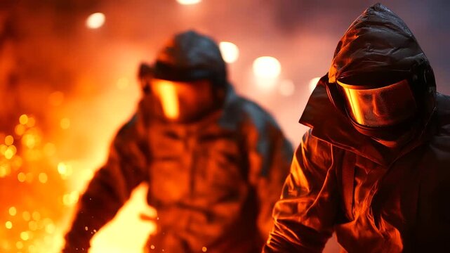 Close up of technicians in heat resistant suits wiping molten metal surfaces visors glowing with reflected orange light sparks floating in the air atmosphere of danger