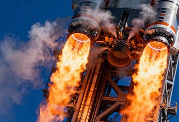 Powerful rocket engines firing plumes of intense orange and yellow flame during ignition or test, set against a blue sky.