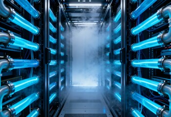 A futuristic data center corridor lined with bright blue liquid cooling tubes and heavy fog.
