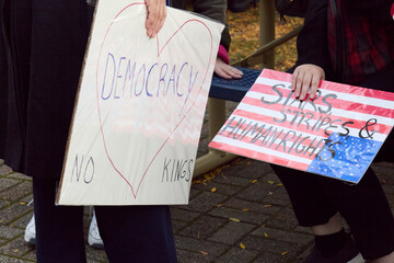 Protest signs "Democracy" heart and USA flag stripes, "NO KINGS"