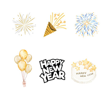 Happy New Year 2026 Celebration Elements Vector Set with Firework, Confetti, Balloons and Cake
