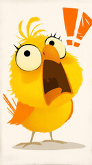 Funny yellow cartoon bird screaming with surprised expression on white background, concept of emotion, humor, and animation.