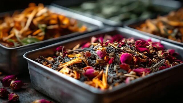Vivid close up of mixed tea leaves rose petals and herbs carefully placed in metallic trays bright lighting capturing fine details and natural textures atmosphere of refinement