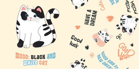 Set with Cute black and white cat in cartoon style for vector print. Vector illustration