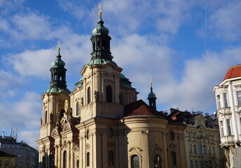 Side view of the Gothic facade of St. Nicholas Church (Stare Mesto), a landmark Czechoslovak Hussite church on Old Town Square, Prague, Czech Republic