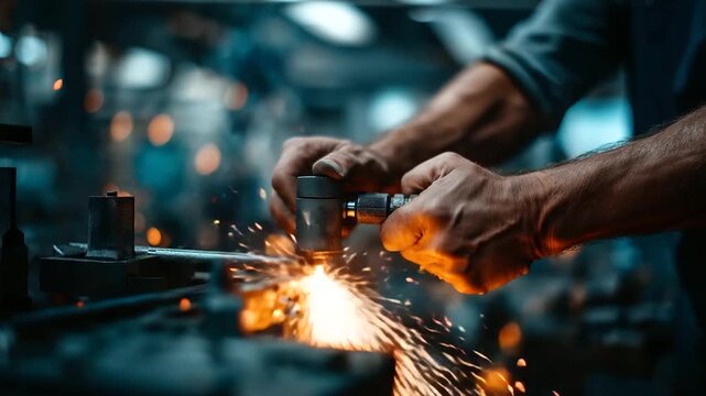 Worker&rsquo;s hands gripping abrasive regenerator controls sparks and dust flying as heavy machinery roars reflective surfaces illuminated by bright industrial light atmosphere