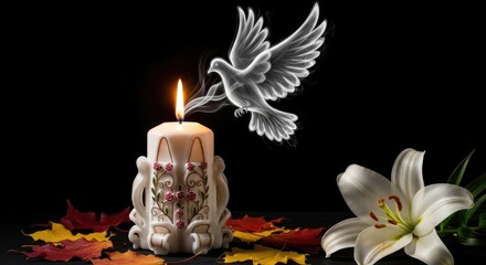 Holy All Saints' Day remembrance with a glowing carved candle and white spirit dove ascending. Pure lily flower and autumn leaves on a dark solemn background.