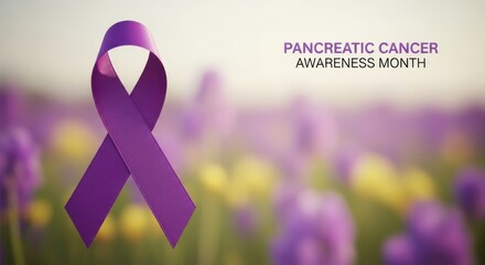 Vibrant purple ribbon symbolizing pancreatic cancer awareness month, resting upon a tranquil outdoor natural background of softly blurred floral elements.