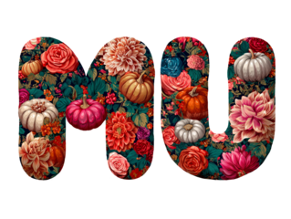 MU The logo is written with a colorful pumpkin patch villa rose pattern isolated on a white background.