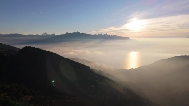 Misty Sunset Aerial View of Lac L&eacute;man from Col de Jaman, Switzerland
