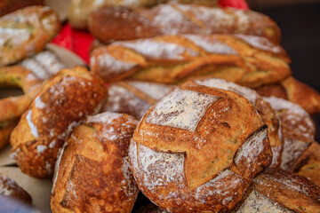 Freshly rustic French bread at an artisanal bakery in the old town, Nice, France