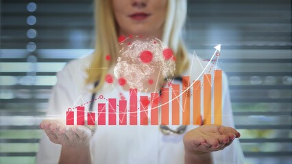 Doctor Holds A Holographic World Map With Bar And Line Graphs. Global Pandemic Surge Concept