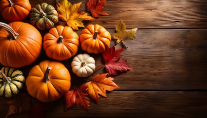 A Decorative Arrangement Features Vibrant Halloween Pumpkins And Autumn Leaves On A Rustic Wooden Table Perfect For Seasonal Greetings Or Festive Banners