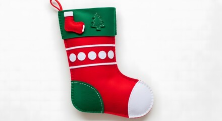 Red Christmas stocking with green cuff and white polka dots isolated on white background