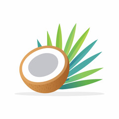 Half Coconut with Green Leaves Illustration, Tropical Fruit