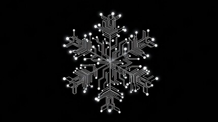 Intricate circuit board design resembling a snowflake with glowing lines and nodes on a black background, representing technology and winter themes.