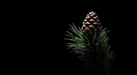 Obraz premium Pine cone on branch isolated on black background natural winter symbolism