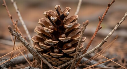Brown Pine Cone on Forest Floor surrounded by Pine Needles and Twigs symbolizing Autumn Nature and Growth