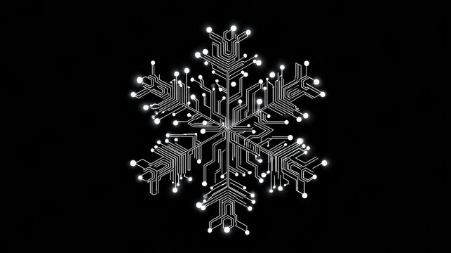 Intricate circuit board design resembling a snowflake with glowing lines and nodes on a black background, representing technology and winter themes.