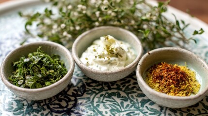 Three bowls of food are arranged on a table, with one containing a green herb, another containing a white sauce, and the third containing a yellow spice. The bowls are placed next to each other
