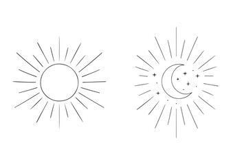 Boho Sun and Moon Line Art , Celestial SVG Bundle , Minimalist Cosmic Clipart , Sunburst Moon Stars PNG for Cricut, Stickers & Tattoos