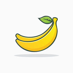 Cartoon Illustration of a Ripe Yellow Banana with Leaf