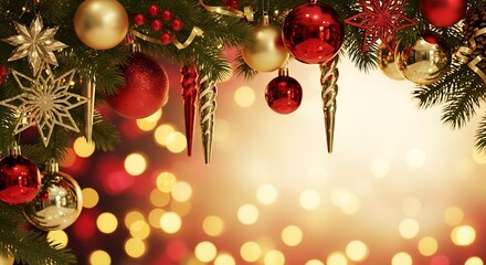 Golden Christmas decorations with bokeh festive lights background