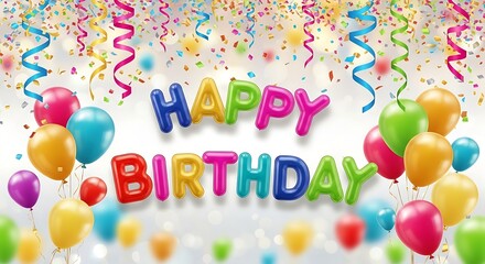 Happy birthday text with balloons and streamers on pink background