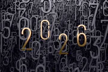 Background for the New Year 2026. The golden numbers of 2026 float in the air among a multitude of gray numbers. 3D illustration.