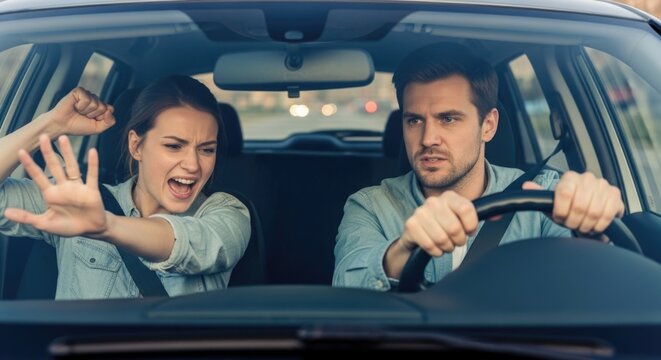 Couple arguing in car, husband driving, wife upset and shouting, relationship problems, emotional distress, disagreement, tense moment, stressful situation, domestic conflict.