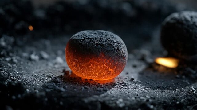 Close-up shot of a glowing orange-red spherical piece of hot coal or charcoal resting on dark gray ash or dust, showing intense heat
