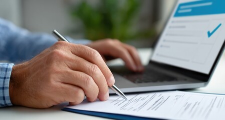Fototapeta premium Man filling form and typing on laptop at workplace