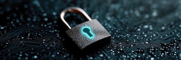 Cybersecurity concept with glowing padlock on digital background