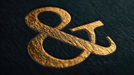 Golden metallic ampersand symbol embossed on dark textured paper background