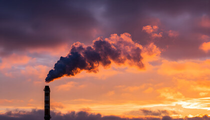 Smoke is coming out of an industrial chimney at sunset, creating air pollution