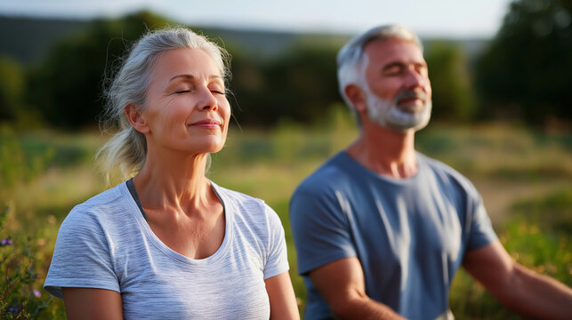 Happy active senior couple meditating and daydreaming and relaxing in nature outdoors, under soft natural light highlighting peace and vitality, serene outdoor scene, calm nature l - Powered by Adobe