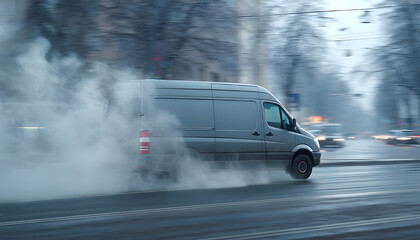 Obraz premium Gray delivery van polluting the atmosphere with combustion emissions
