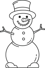 A simple black and white line drawing of a classic snowman wearing a top hat and smiling