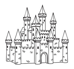 Fototapeta premium Black outline drawing of a medieval castle with multiple towers and battlements. architectural design for fantasy, history, and storytelling concepts.
