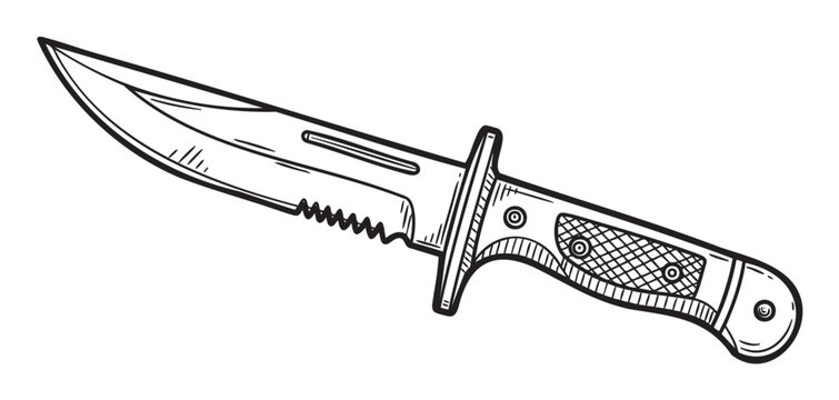 Black outline vector icon of a tactical hunting knife with a serrated edge and detailed handle design.