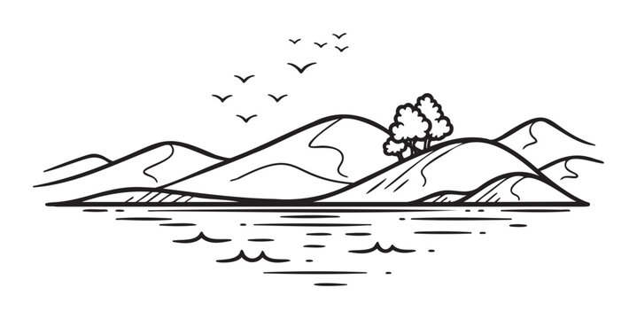 Black outline drawing of a serene mountainous landscape with a body of water in the foreground and birds flying in the sky.