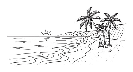 Black outline drawing of a serene beach scene with palm trees, gentle waves, and a setting sun, perfect for travel and relaxation themes.