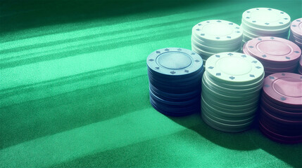 Stacks of poker chips on green casino table under dramatic lighting. Gambling concept with various colored gaming tokens arranged for betting with atmospheric illumination and copy space.