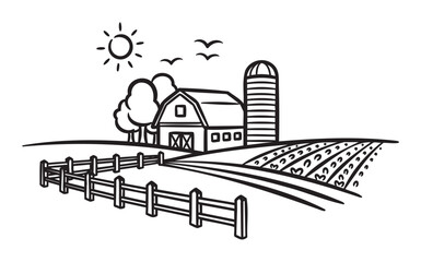 Fototapeta premium Black outline drawing of a farm landscape featuring a barn, silo, trees, fencing, and crop fields under the sun and birds in the sky.